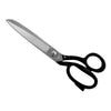 A pair of tailor shears with chrome-plated, polished steel blades and black lacquered handles.