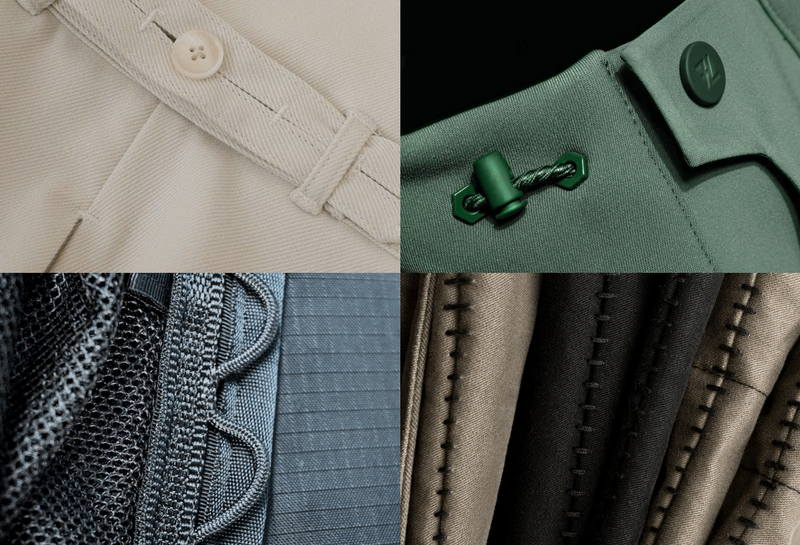 Close-up collage of Halco garment trimmings including a button loop, toggle cord, hook and loop tape, and stitched fabric edges