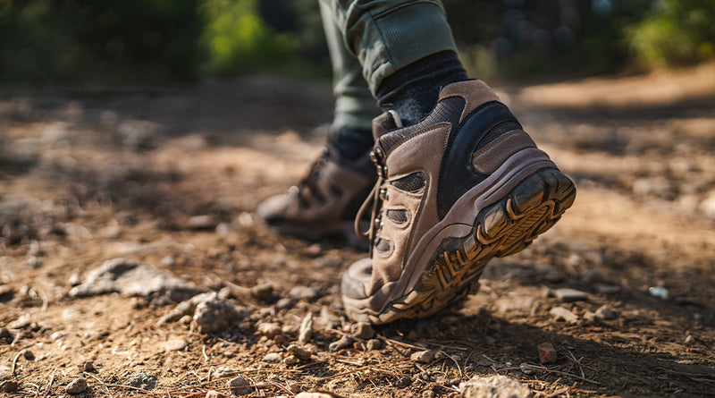 Close-up of hiking boots on a rocky trail